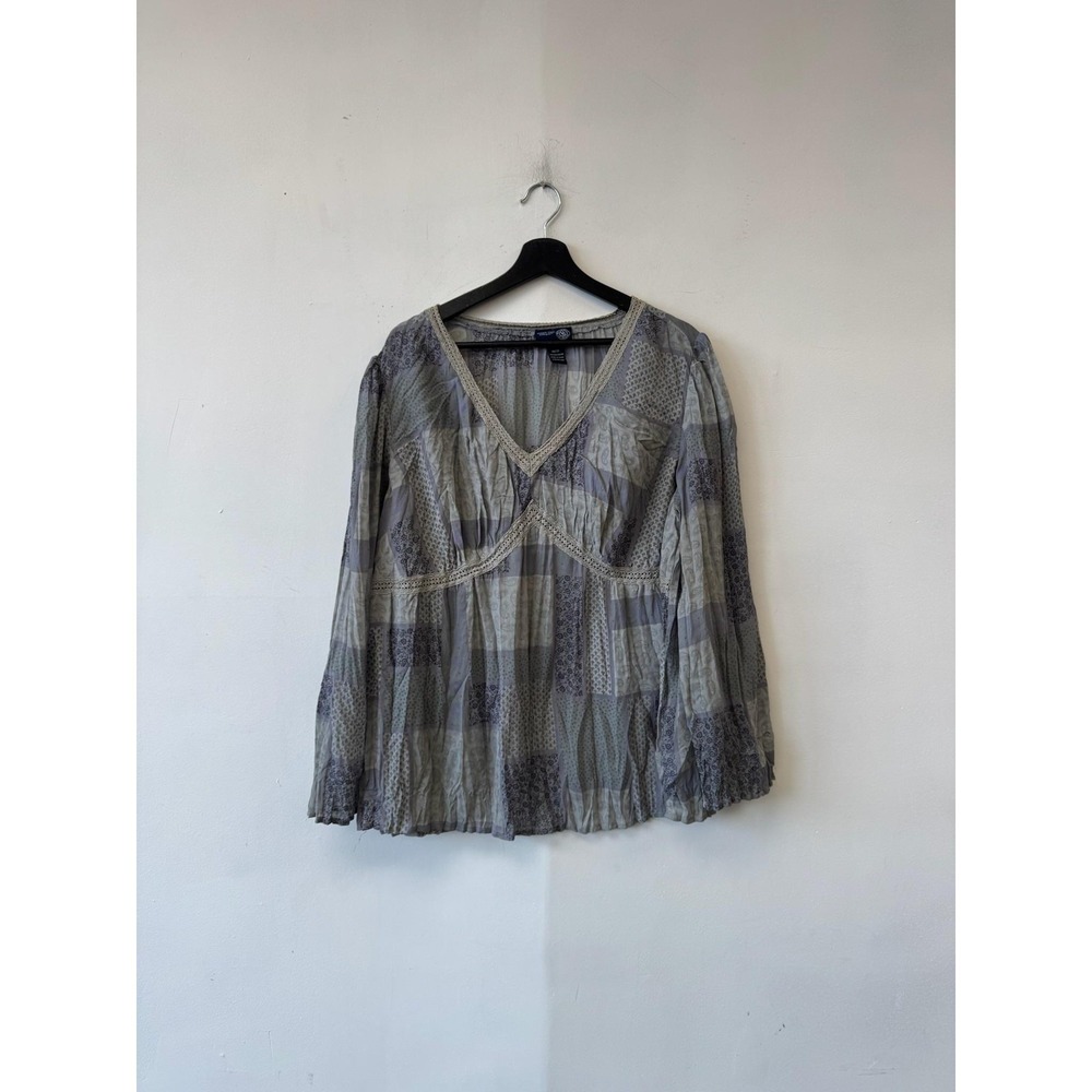 VTG Venezia Jeans Tunic Top Womens 18/20 Gray Patchwork Floral‎ Crochet Boho Y2K